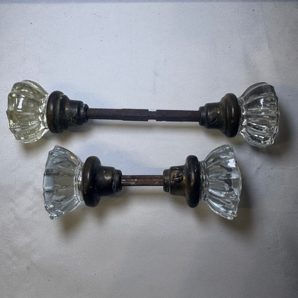Antique Fluted Glass Doorknobs with Brass Spindles Set of 2 Pairs Clear Faceted